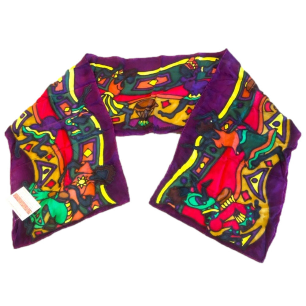 100% Silk Jamaican Dancing Scene Multicolour Hand Painted Scarf 57” x 10.5” Nwt